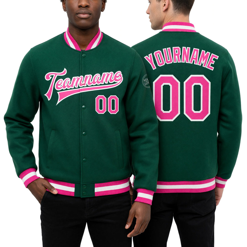 Custom Kelly Green Pink-White Bomber Full-Snap Varsity Letterman Jacket worn front and back