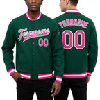 Custom Kelly Green Pink-White Bomber Full-Snap Varsity Letterman Jacket worn front and back