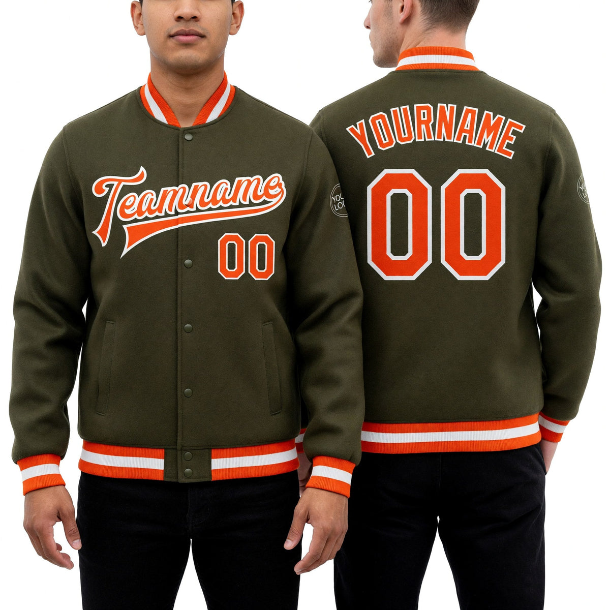 Custom Olive Orange-White Bomber Full-Snap Varsity Letterman Salute To Service Jacket worn front and back
