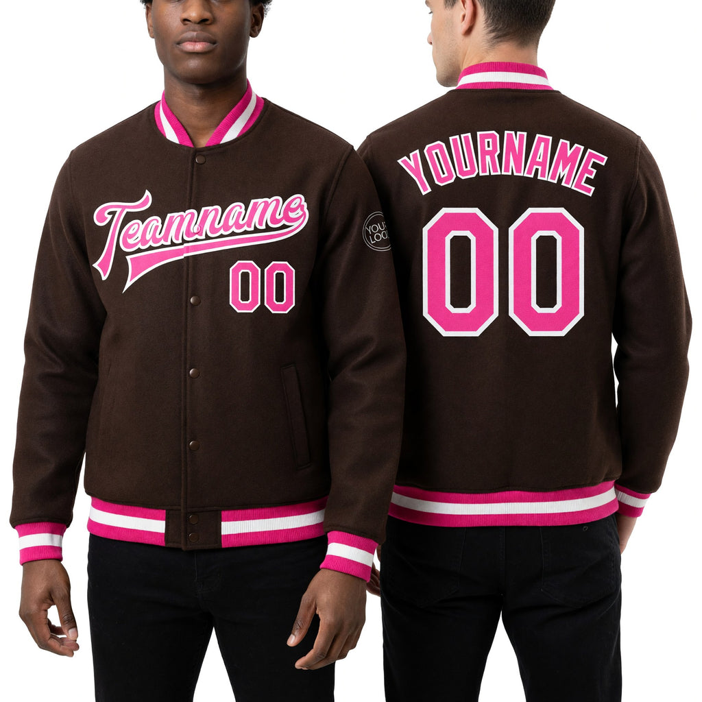 Custom Brown Pink-White Bomber Full-Snap Varsity Letterman Jacket worn front and back