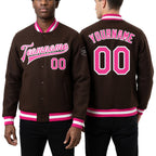 Custom Brown Pink-White Bomber Full-Snap Varsity Letterman Jacket worn front and back