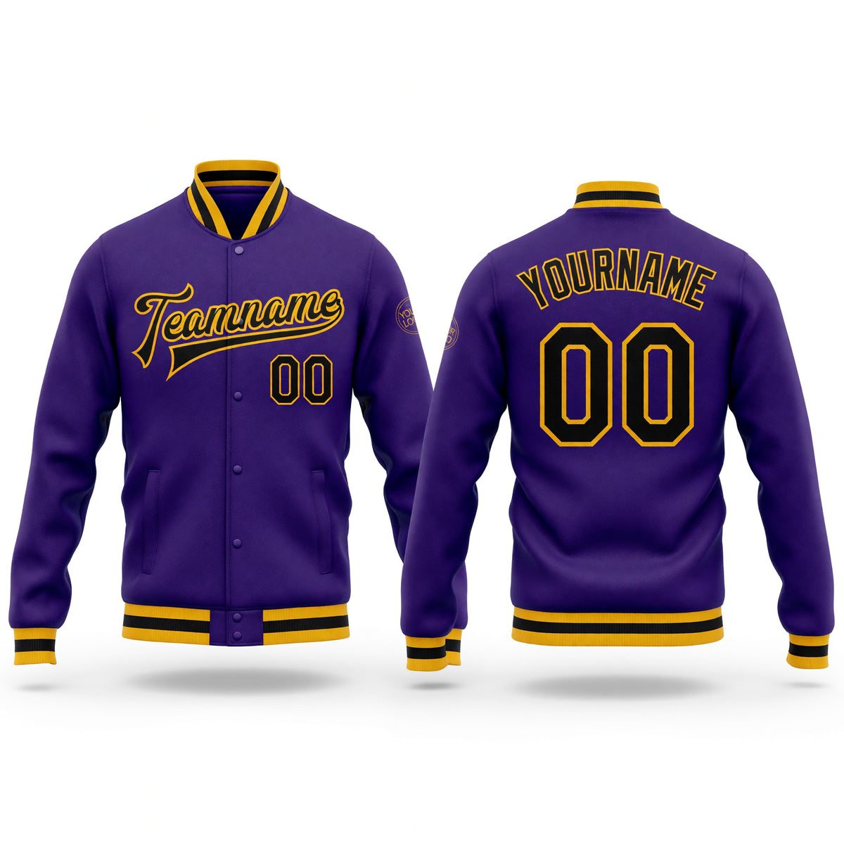 Custom Purple Black-Gold Bomber Full-Snap Varsity Letterman Jacket