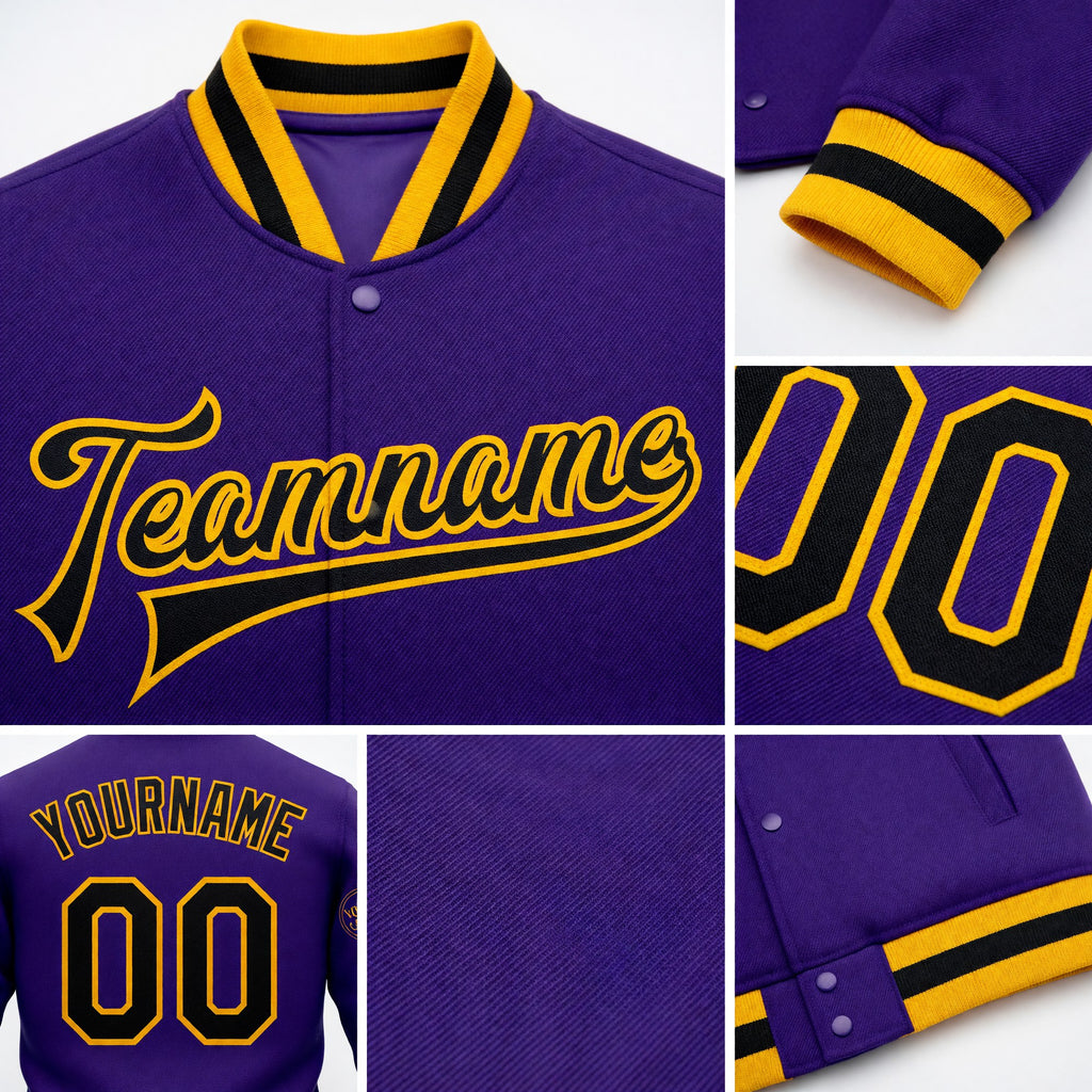 Custom Purple Black-Gold Bomber Full-Snap Varsity Letterman Jacket detail