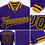 Custom Purple Black-Gold Bomber Full-Snap Varsity Letterman Jacket detail
