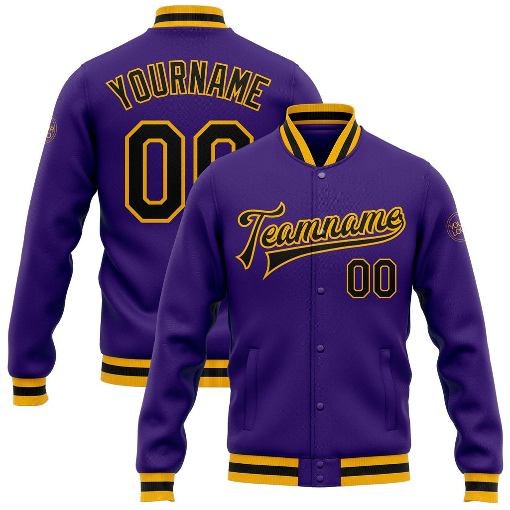 Custom Purple Black-Gold Bomber Full-Snap Varsity Letterman Jacket photo 1