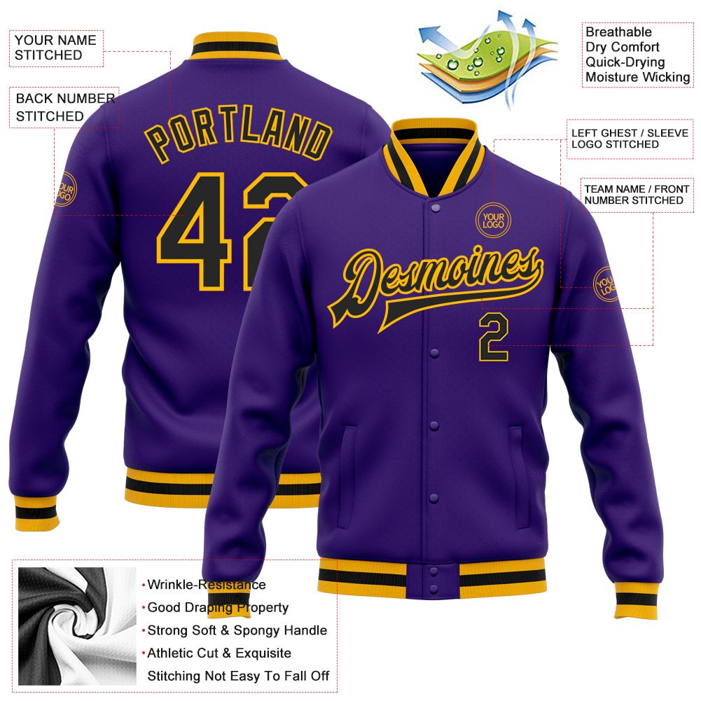 Custom Purple Black-Gold Bomber Full-Snap Varsity Letterman Jacket photo 5