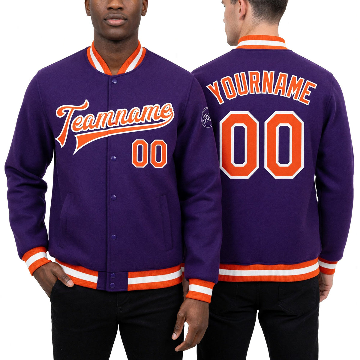 Custom Purple Orange-White Bomber Full-Snap Varsity Letterman Jacket worn front and back