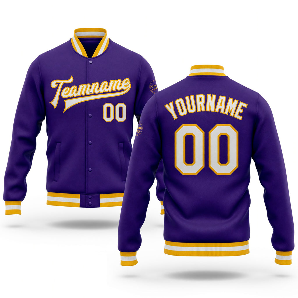 Custom Purple White-Gold Bomber Full-Snap Varsity Letterman Jacket