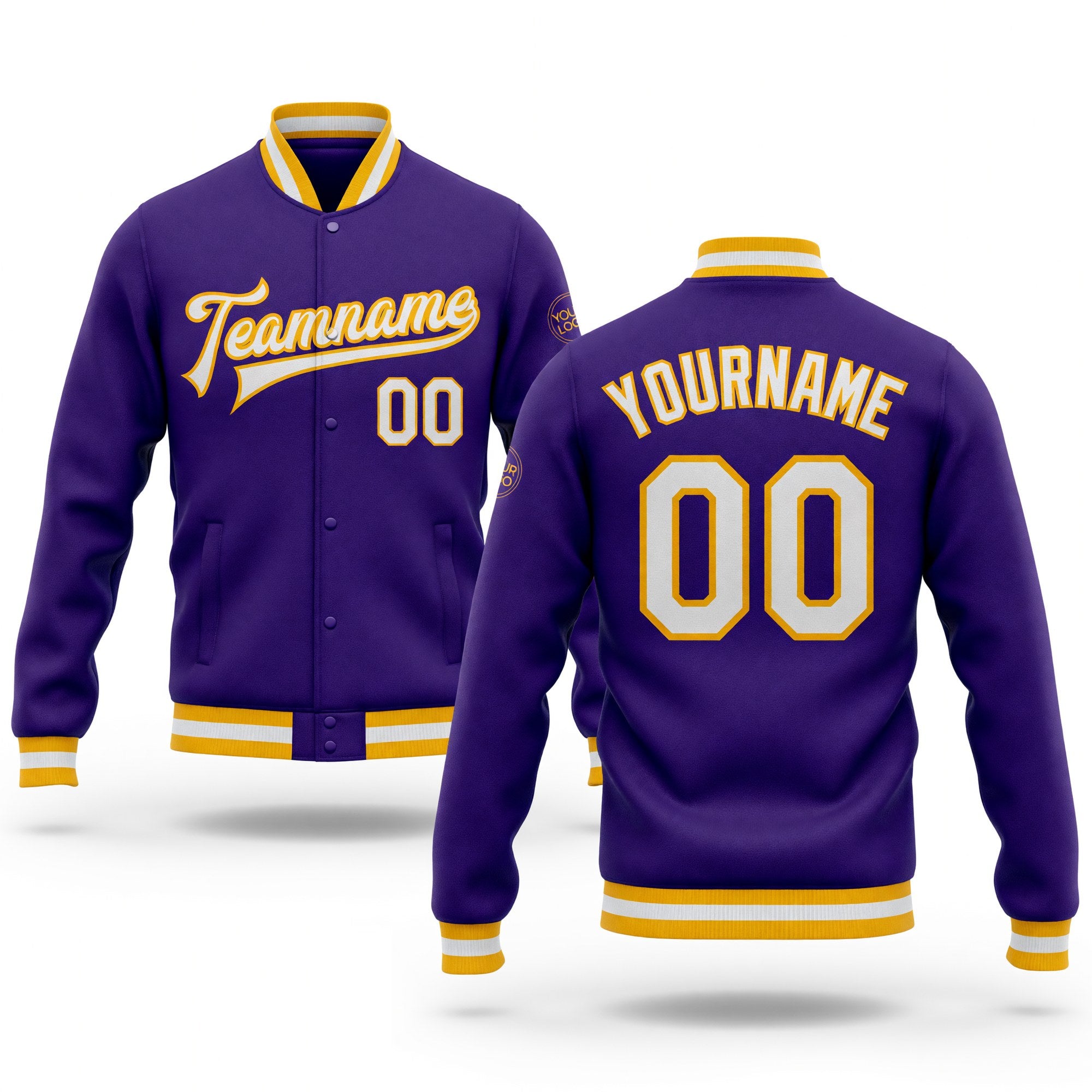 Custom Purple White-Gold Bomber Full-Snap Varsity Letterman Jacket