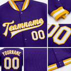 Custom Purple White-Gold Bomber Full-Snap Varsity Letterman Jacket detail