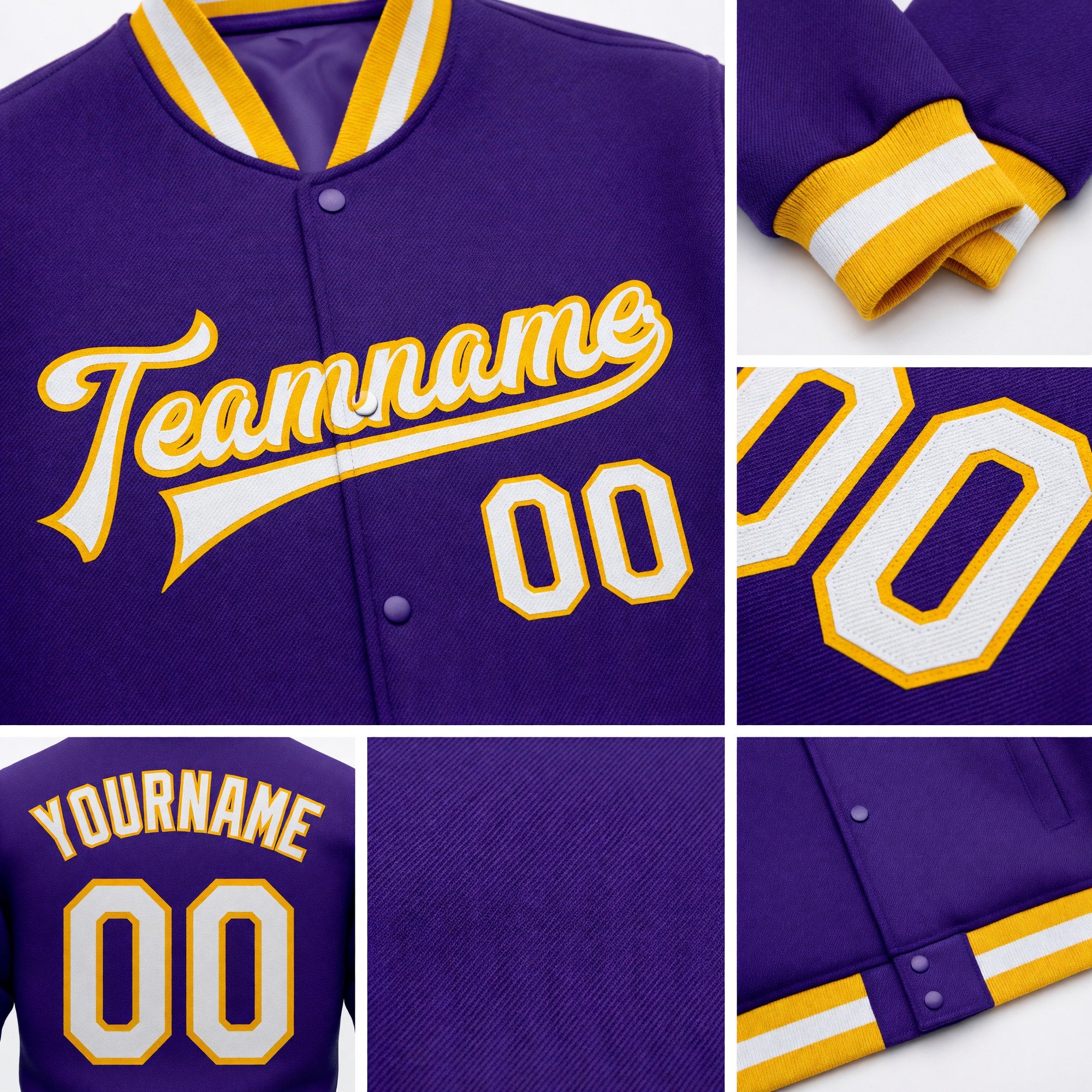Custom Purple White-Gold Bomber Full-Snap Varsity Letterman Jacket detail