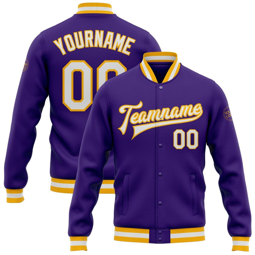 Custom Purple White-Gold Bomber Full-Snap Varsity Letterman Jacket photo 1