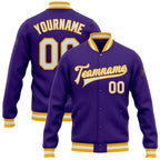 Custom Purple White-Gold Bomber Full-Snap Varsity Letterman Jacket photo 1