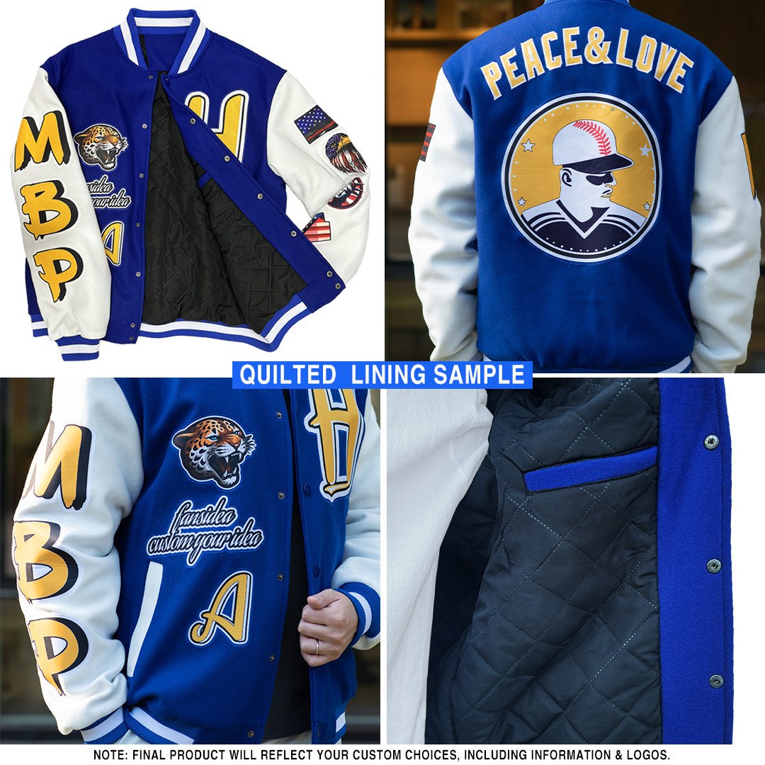 Custom Purple White-Gold Bomber Full-Snap Varsity Letterman Jacket photo 3