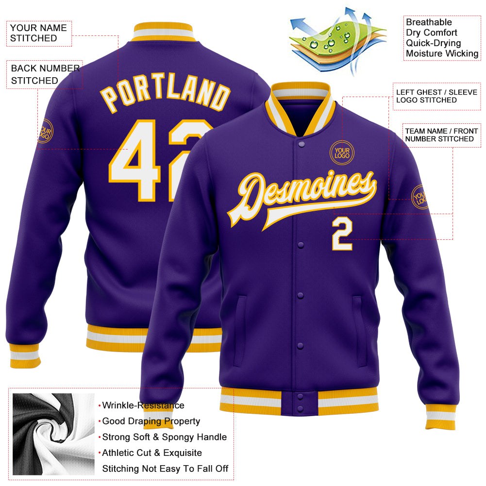 Custom Purple White-Gold Bomber Full-Snap Varsity Letterman Jacket photo 5