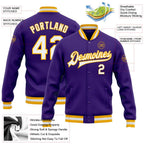 Custom Purple White-Gold Bomber Full-Snap Varsity Letterman Jacket photo 5