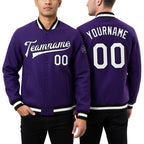 Custom Purple White-Black Bomber Full-Snap Varsity Letterman Jacket worn front and back