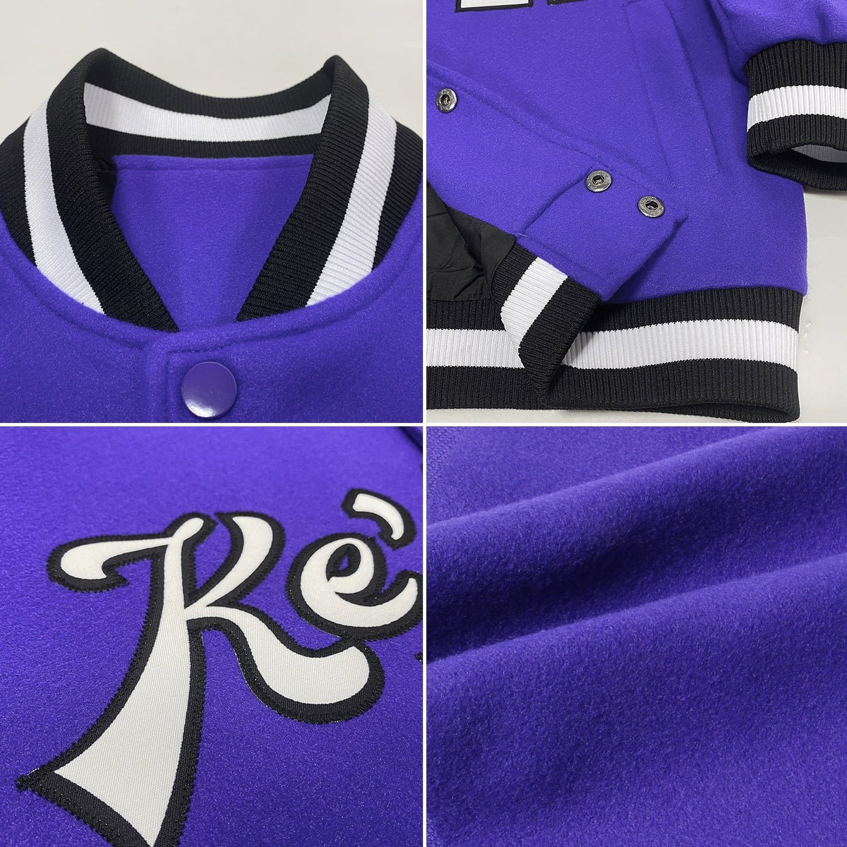 Custom Purple White-Black Bomber Full-Snap Varsity Letterman Jacket photo 4