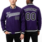 Custom Purple Black-Gray Bomber Full-Snap Varsity Letterman Jacket worn front and back