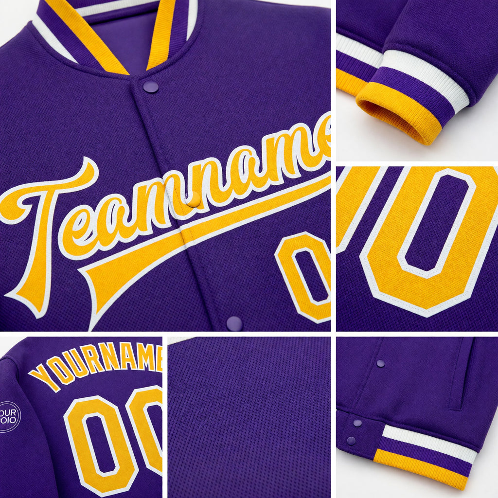 Custom Purple Gold-White Bomber Full-Snap Varsity Letterman Jacket detail