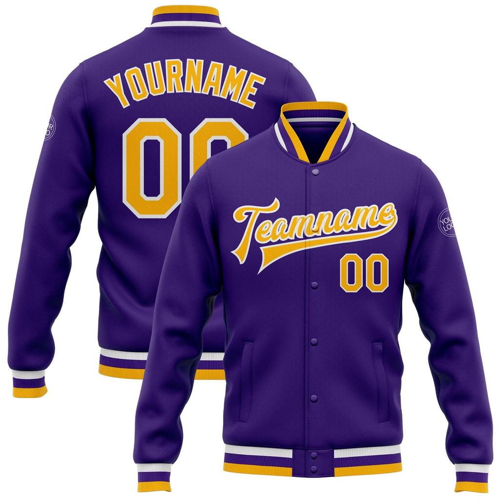 Custom Purple Gold-White Bomber Full-Snap Varsity Letterman Jacket photo 1