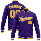 Custom Purple Gold-White Bomber Full-Snap Varsity Letterman Jacket photo 1
