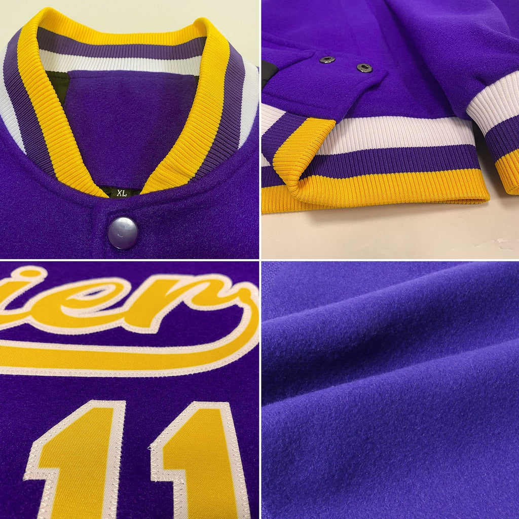 Custom Purple Gold-White Bomber Full-Snap Varsity Letterman Jacket photo 4