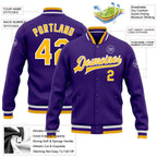 Custom Purple Gold-White Bomber Full-Snap Varsity Letterman Jacket photo 5
