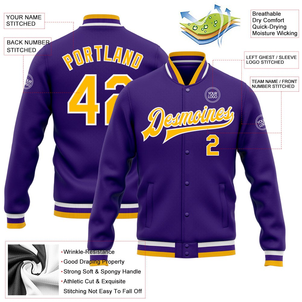 Custom Purple Gold-White Bomber Full-Snap Varsity Letterman Jacket photo 5