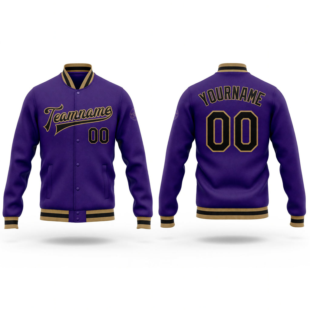 Custom Purple Black-Old Gold Bomber Full-Snap Varsity Letterman Jacket