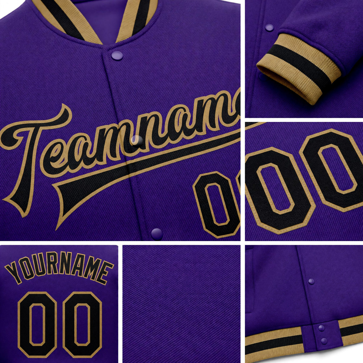 Custom Purple Black-Old Gold Bomber Full-Snap Varsity Letterman Jacket detail