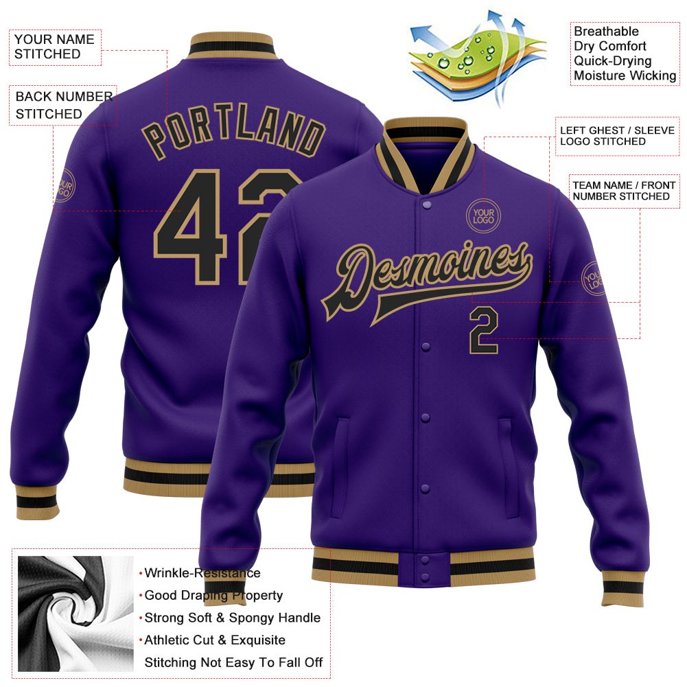 Custom Purple Black-Old Gold Bomber Full-Snap Varsity Letterman Jacket photo 5