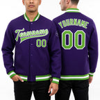 Custom Purple Neon Green-White Bomber Full-Snap Varsity Letterman Jacket worn front and back