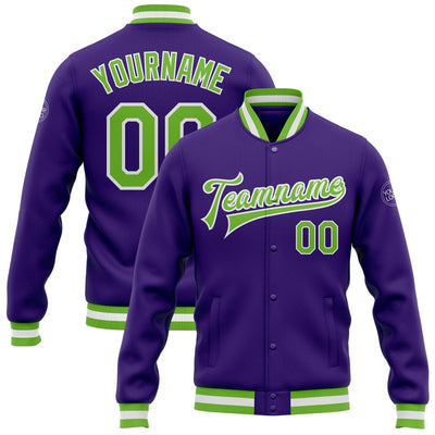 Custom Purple Full Snap Bomber Varsity Jacket with Neon Green and White Accents