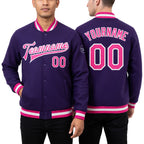 Custom Purple Pink-White Bomber Full-Snap Varsity Letterman Jacket worn front and back