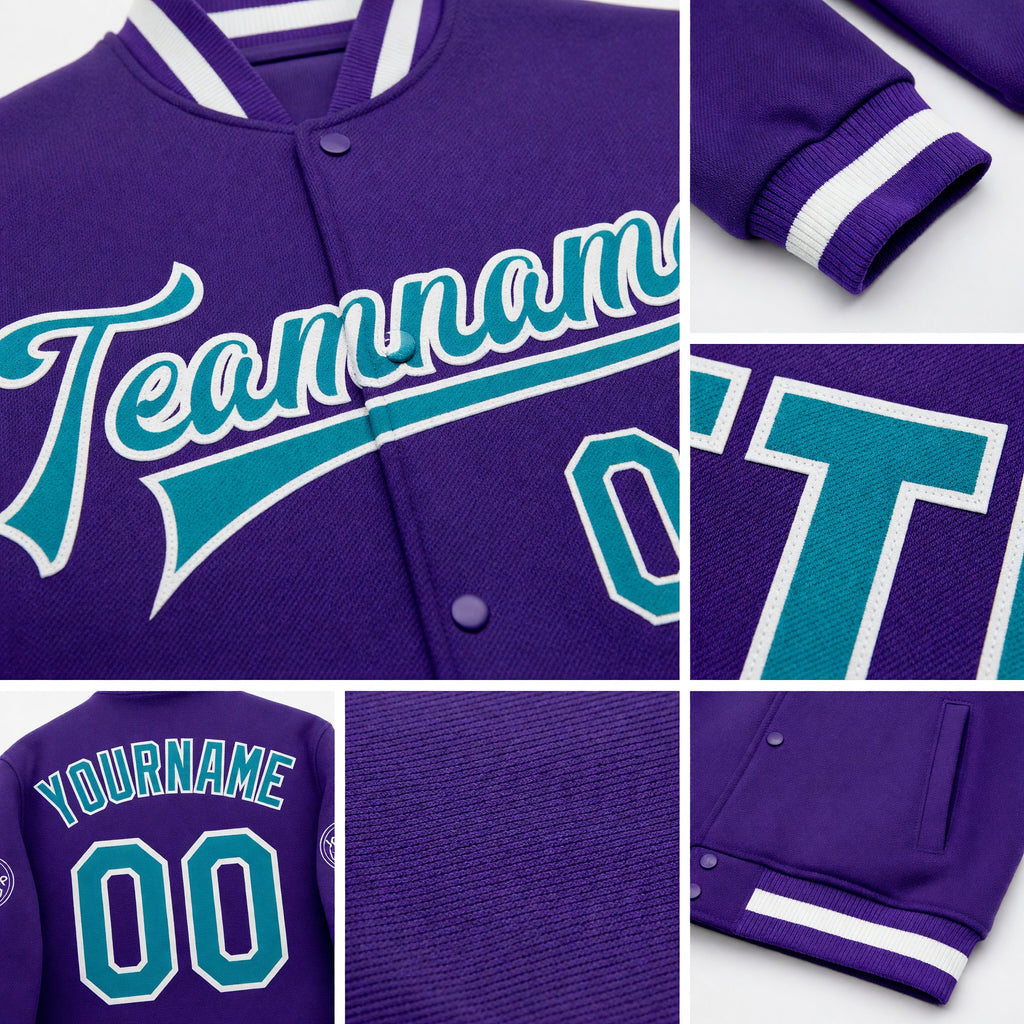 Custom Purple Teal-White Bomber Full-Snap Varsity Letterman Jacket detail