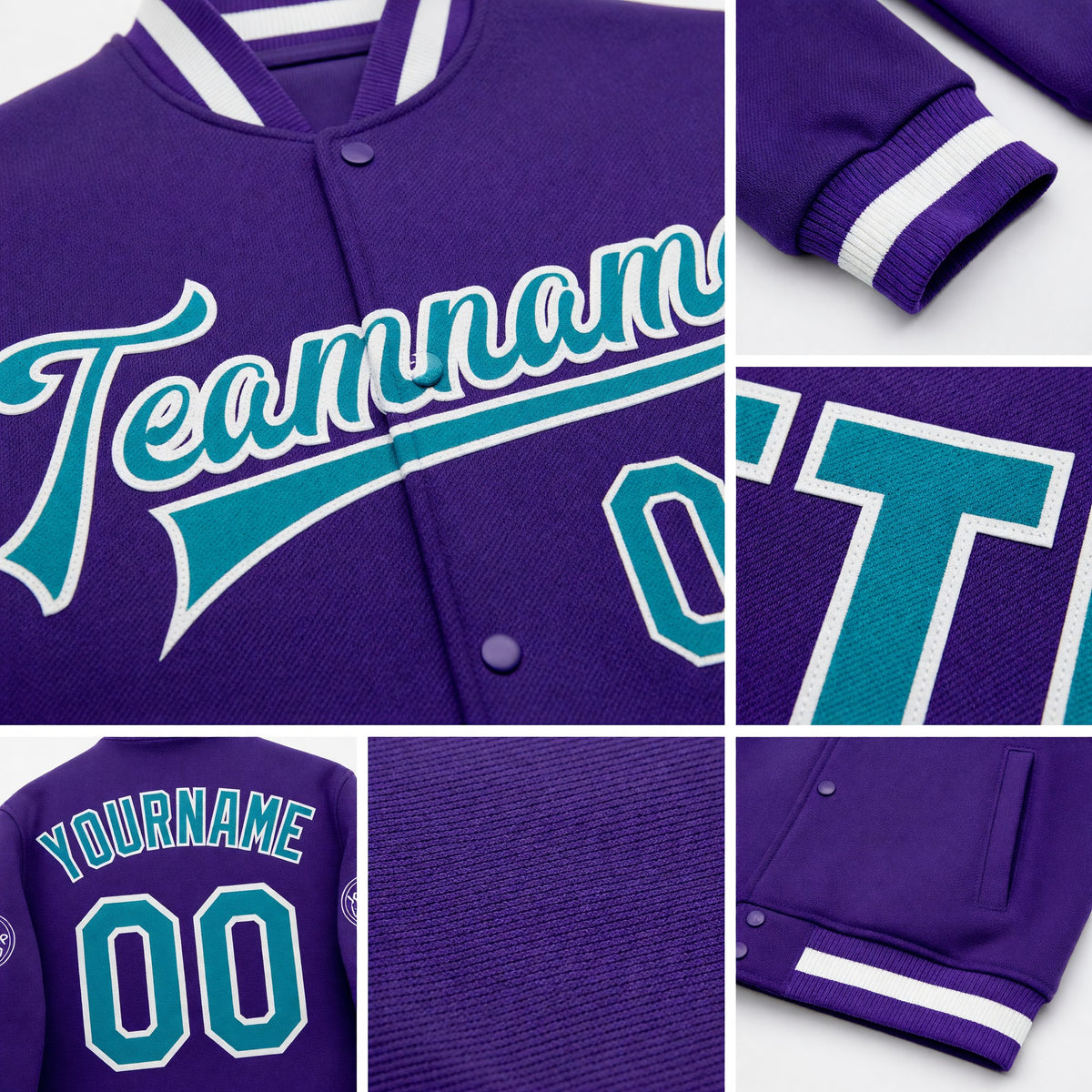 Custom Purple Teal-White Bomber Full-Snap Varsity Letterman Jacket detail