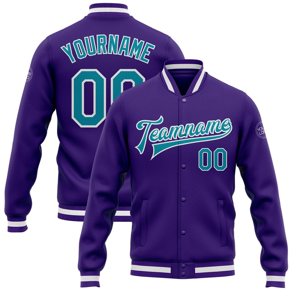 Custom Purple Teal-White Bomber Full-Snap Varsity Letterman Jacket photo 1