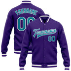 Custom Purple Teal-White Bomber Full-Snap Varsity Letterman Jacket photo 1