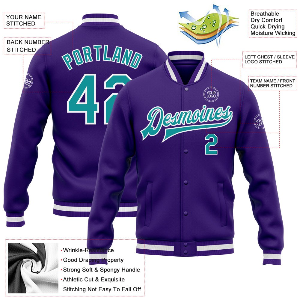 Custom Purple Teal-White Bomber Full-Snap Varsity Letterman Jacket photo 5