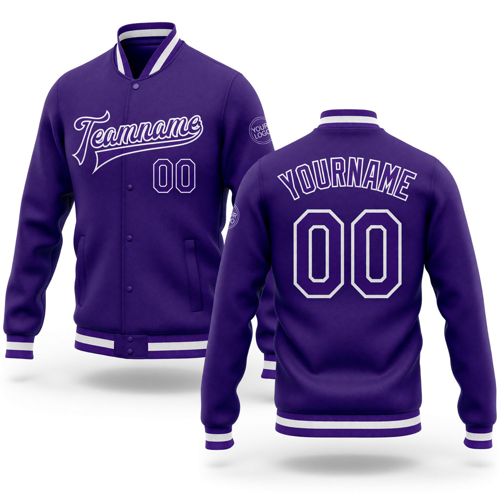 Custom Purple Purple-White Bomber Full-Snap Varsity Letterman Jacket