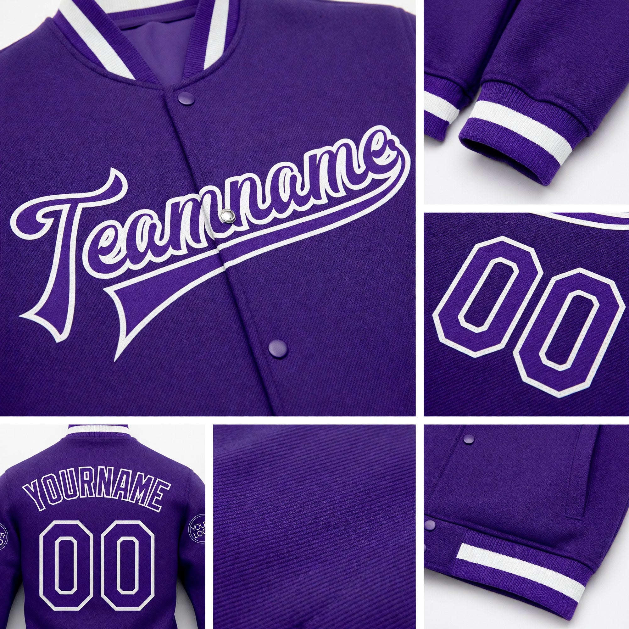 Custom Purple Purple-White Bomber Full-Snap Varsity Letterman Jacket detail