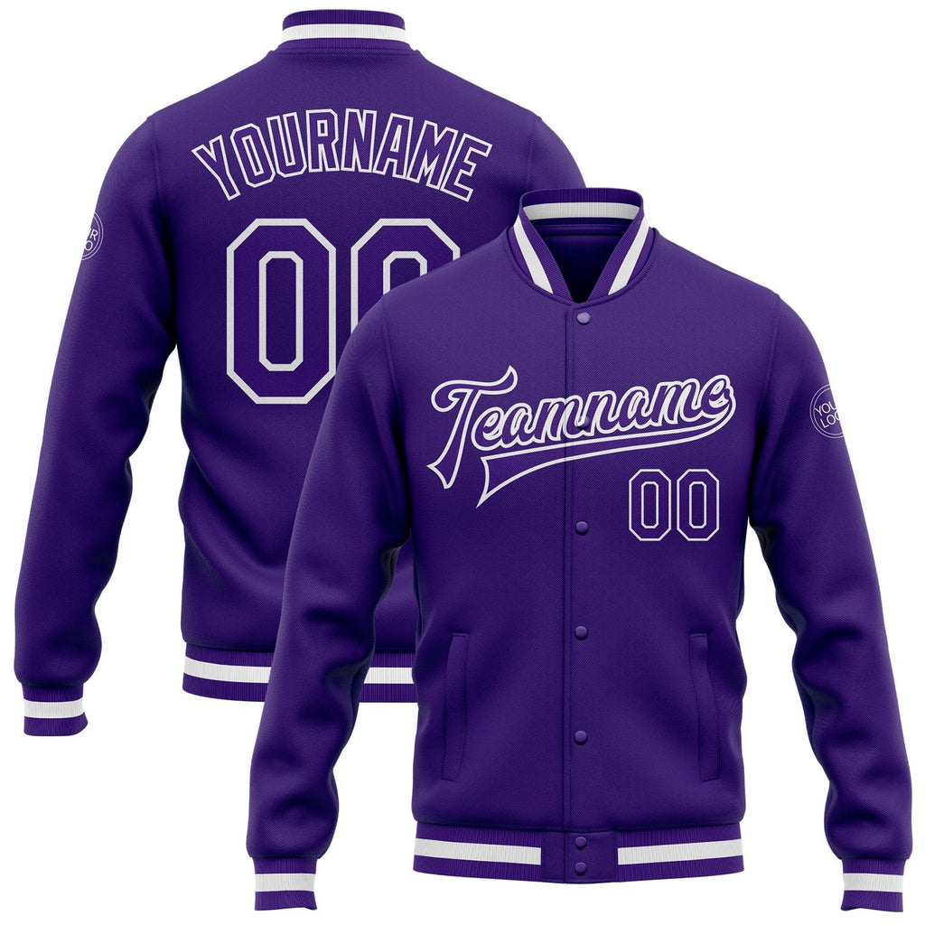 Custom Purple Purple-White Bomber Full-Snap Varsity Letterman Jacket photo 1