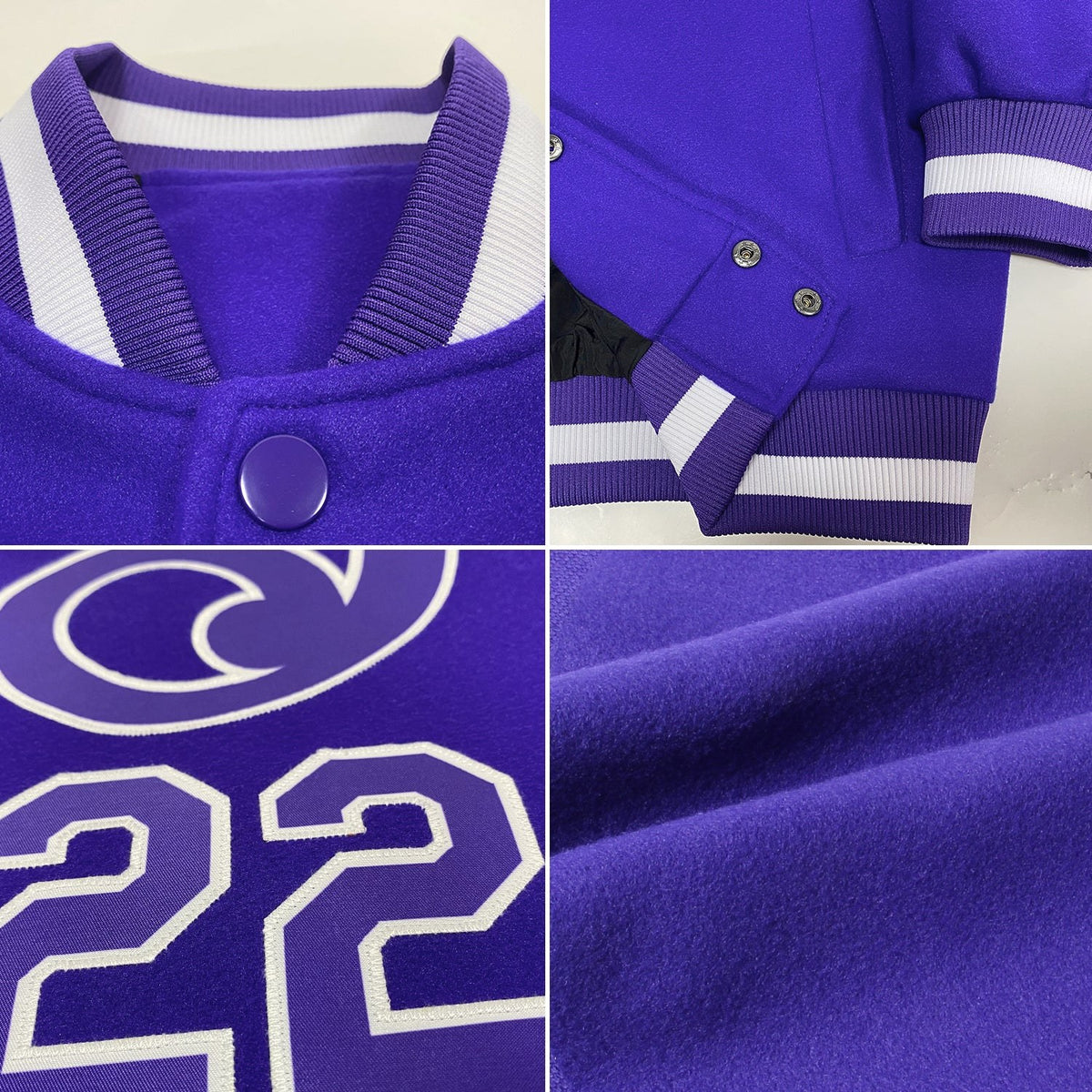 Custom Purple Purple-White Bomber Full-Snap Varsity Letterman Jacket photo 4