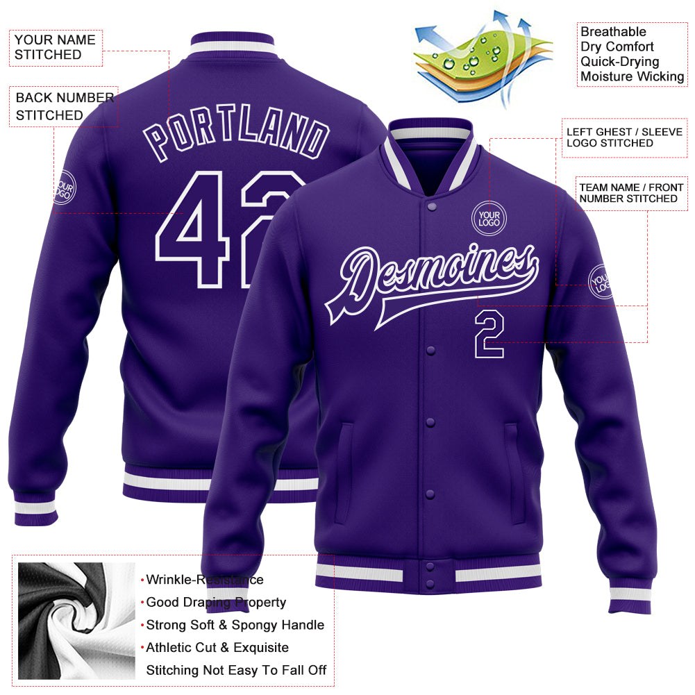Custom Purple Purple-White Bomber Full-Snap Varsity Letterman Jacket photo 5