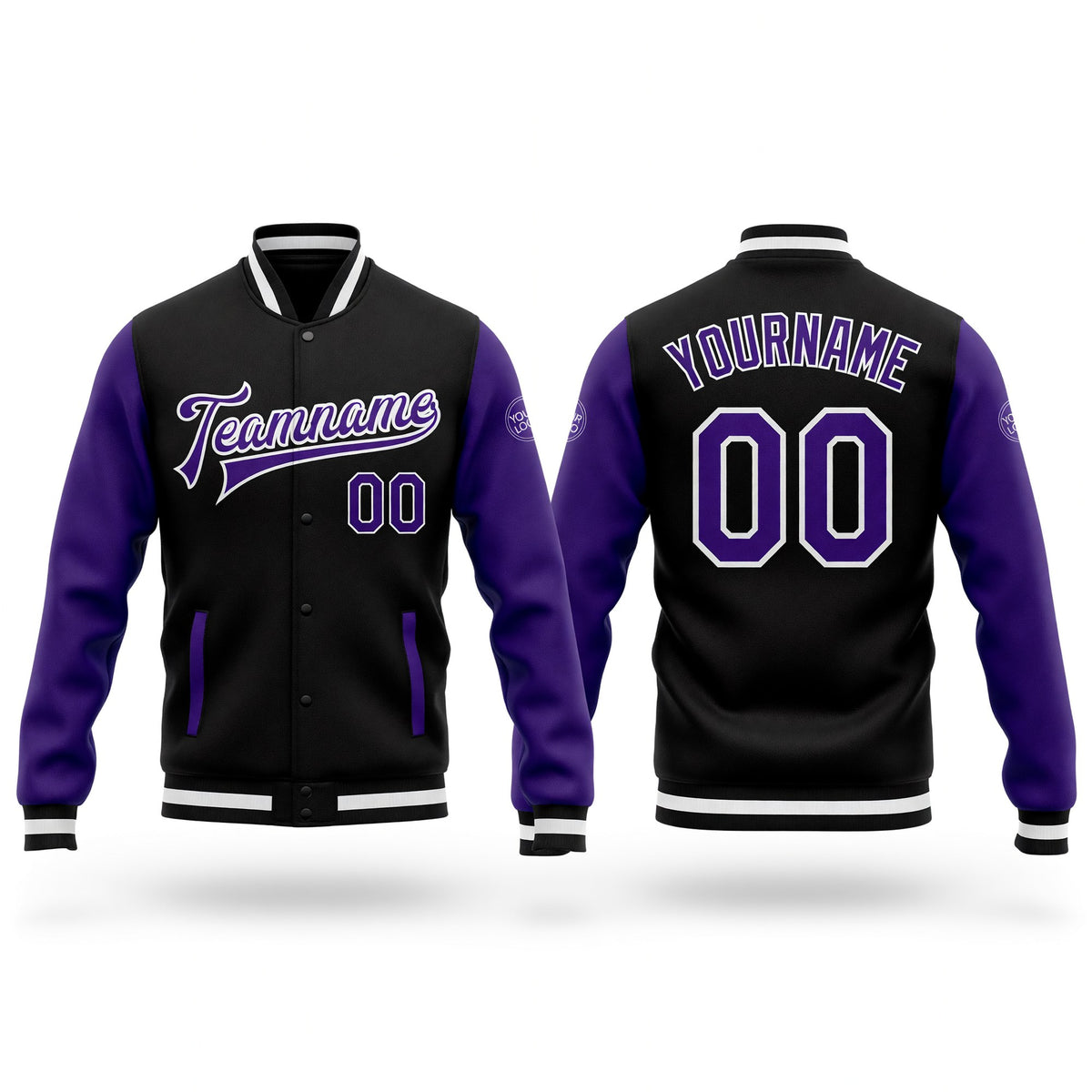 Custom Black Purple-White Bomber Full-Snap Varsity Letterman Two Tone Jacket