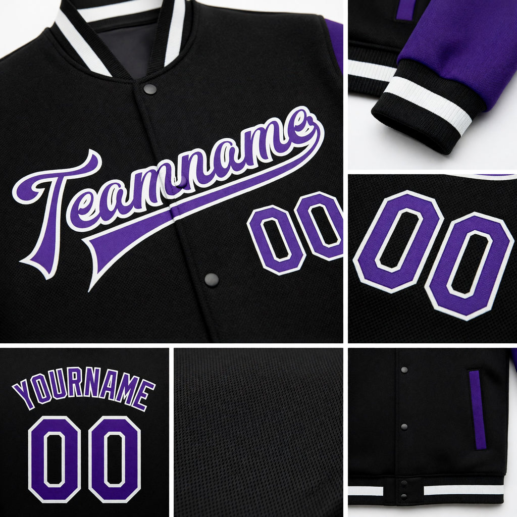 Custom Black Purple-White Bomber Full-Snap Varsity Letterman Two Tone Jacket detail