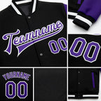 Custom Black Purple-White Bomber Full-Snap Varsity Letterman Two Tone Jacket detail