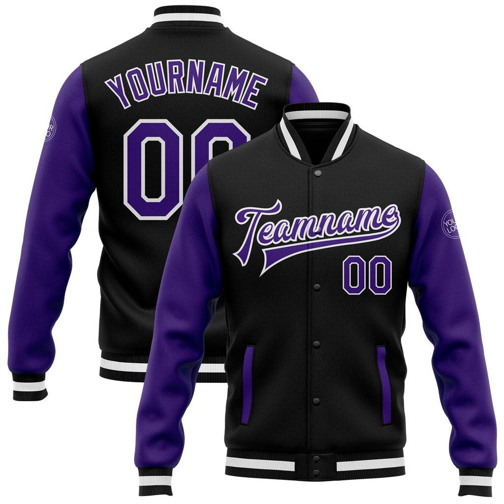 Custom Black Purple-White Bomber Full-Snap Varsity Letterman Two Tone Jacket photo 1