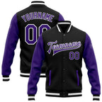 Custom Black Purple-White Bomber Full-Snap Varsity Letterman Two Tone Jacket photo 1